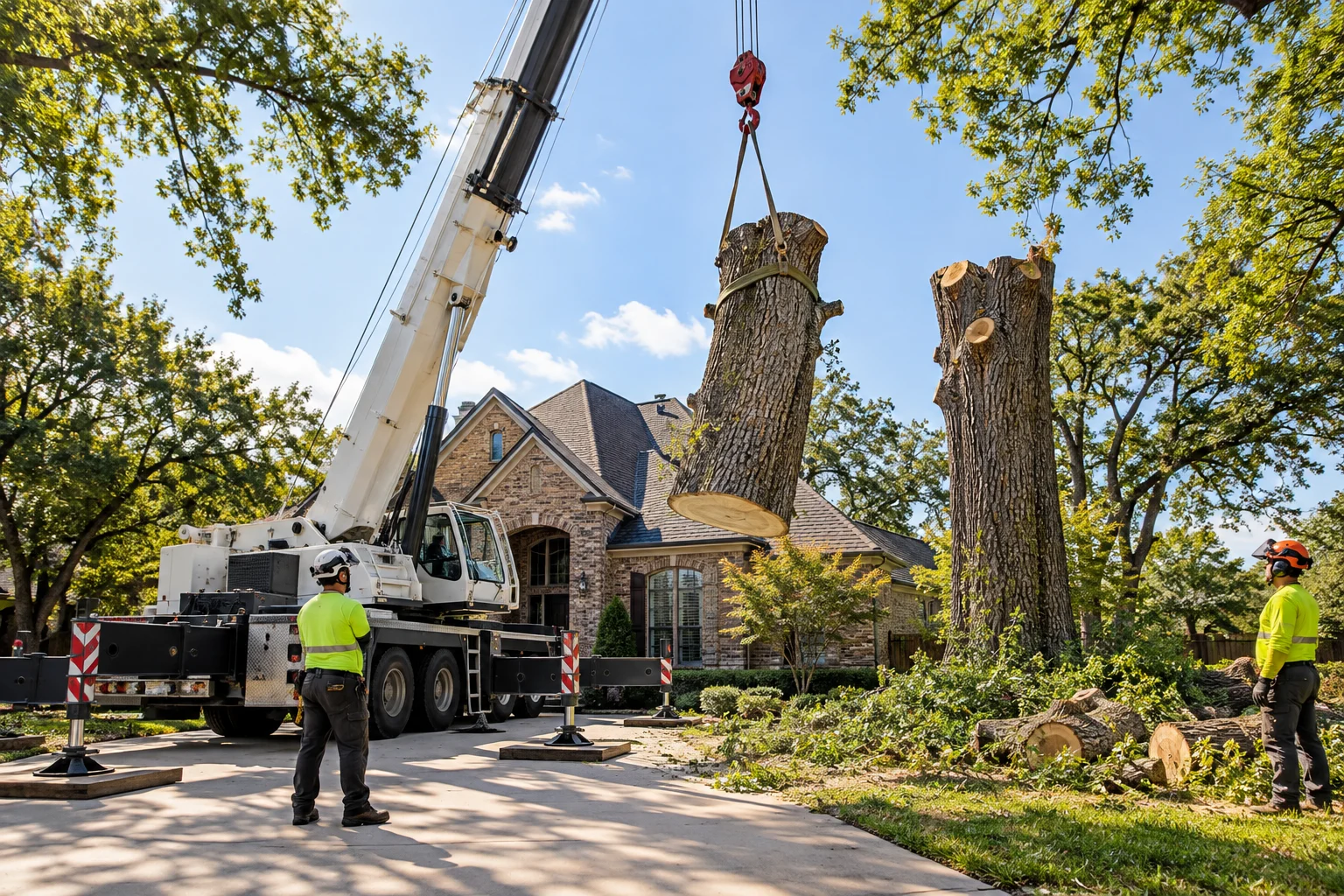 Illustrative crane-assisted large oak tree removal beside a brick house with workers and professional equipment